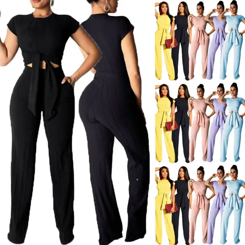 Женский комбинезон на шнуровке короткий топ с расклешенными штанами однотонный