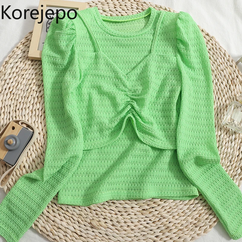 

Korejepo Fake Two-piece Top Splicing Sling Women 2021 Winter Round Neck Pullover Puff Sleeve T-shirt Thin Solid Bottomed Shirt