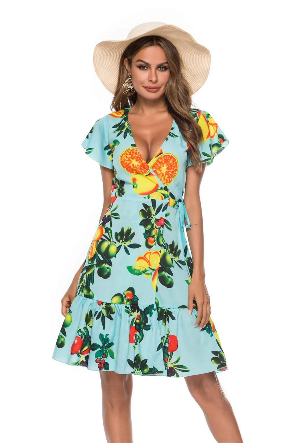 Женское пляжное платье с принтом глубоким V образным вырезом и коротким