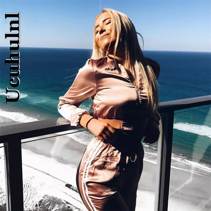 

Autumn Satin Sets Women Zipper Jacket Coat Side Stripe Crop Tops Drawstring Calf Length Joggers Pants Sexy Workout Tracksuits