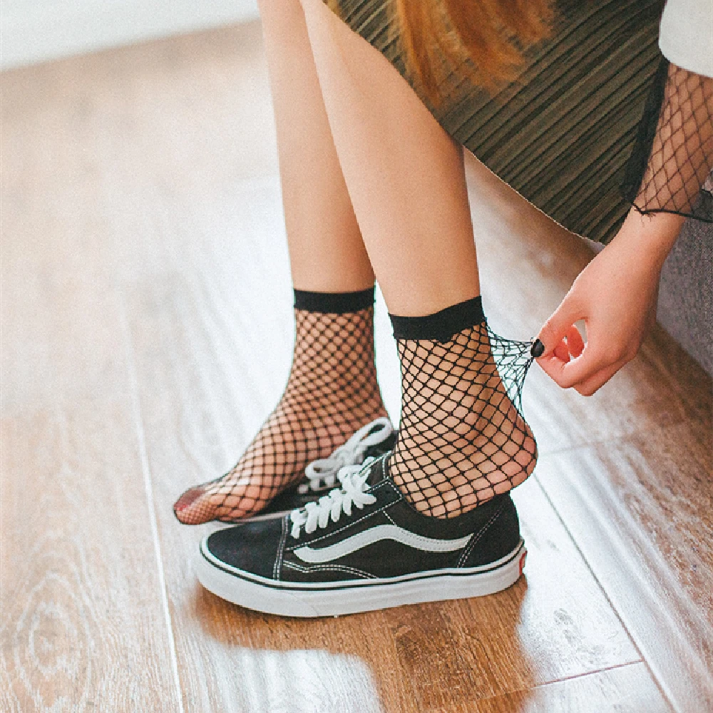 Короткие чулки до щиколотки женские ажурные сетчатые носки для девочек черные