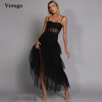 verngo modern black tulle layered skirt prom dresses spaghetti straps bones see through long evening gowns fashion party dress
