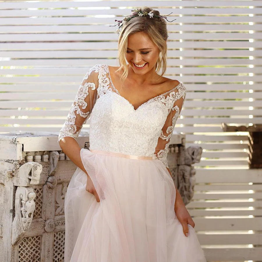 

Half Sleeves V Neck Lace Wedding Dresses Tulle Skirt Backless Vestido de Novia 2019 Court Train Wedding Gowns Gelinlik