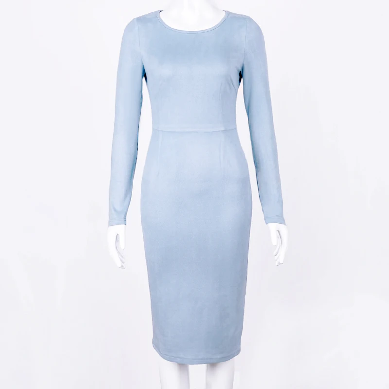 Light blue Hugcitar Замша длинным рукавом лонгслив облегающее обтягивающее обтяжку моделирующий крой миди платье офисное платья поатье осень осеннее зимнее зима женское женские женщин Сплошной клубное нарядные одежда - Цвет: Light blue