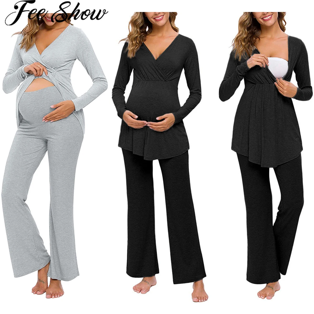 

Maternity Breastfeeding Pajamas Sets Lounge Pregnancy Nursing Nightgown Pregnancy Women Long Sleeve T-shirt Top+Pants Sleepwear