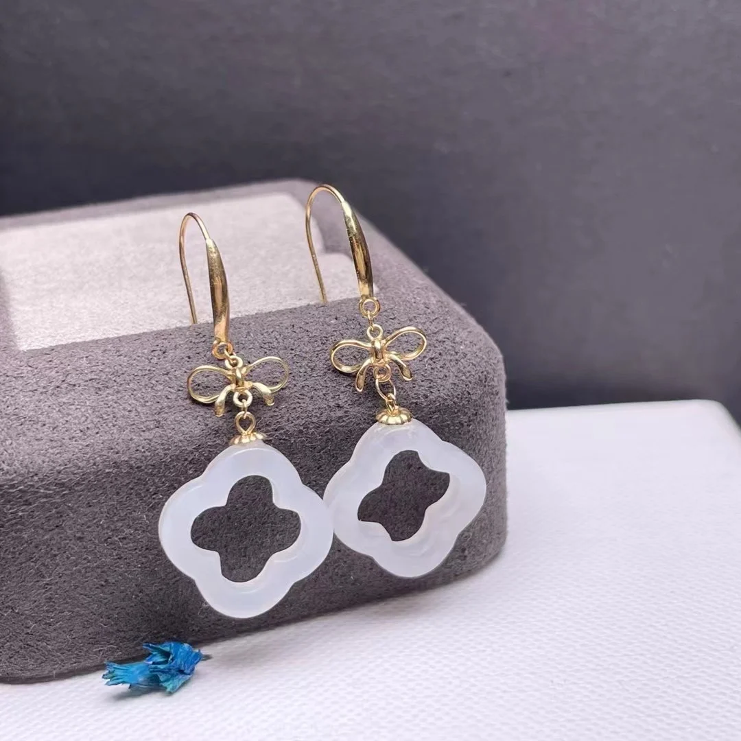 

shilovem 18k yellow Natural white jasper Drop Earrings fine Jewelry women trendy anniversary Christmas gift 14mm myme1414666hby