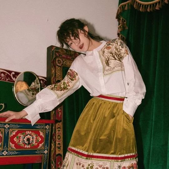 2020 Spring summer clothes for women Botany Atlas Printing White Shirt loose design long sleeve blouse DB110 | Женская одежда