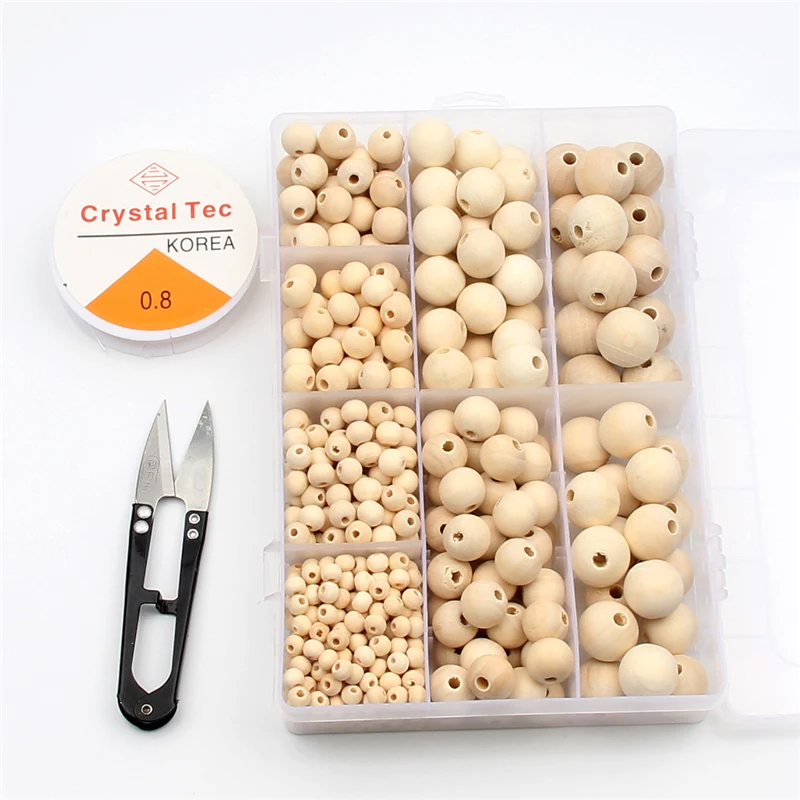 

480pcs Natural Round Lead-free Wooden Beads For Jewelry Making Diy Bracelet Necklace (with crystal wire and Scissors)