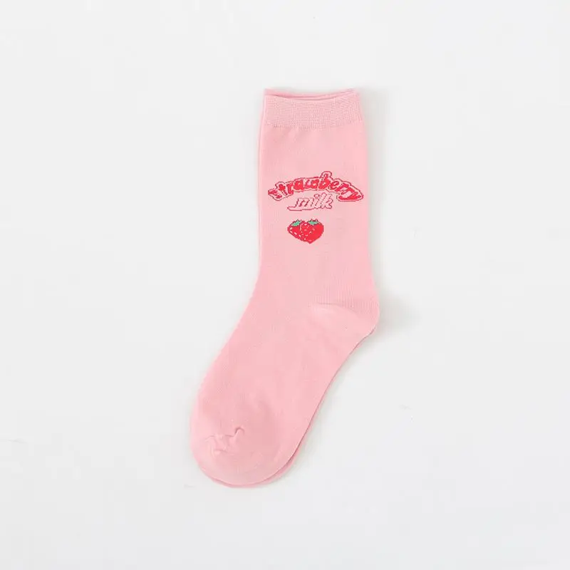 Japanese Cute Pink Strawberry Socks Women's Milk Letters White Kawaii Harajuku Lolita Sweet Fruit Pattern Socks Cotton Print images - 6