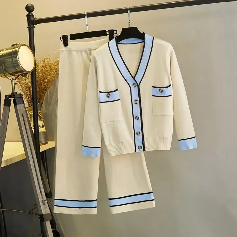 

Ladies Two-piece 2021 Wide-leg Pants Knitted Two-piece Suit V-neck Long-sleeved Fashion Suit Autumn and Winter Pants Suit