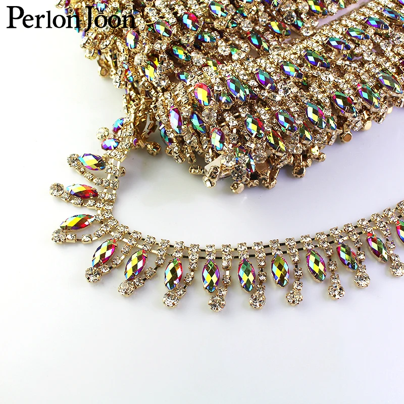 

5yard/lot Hanging chain ab color rhinestone trim multicolor crystal gold chain for clothing bag decoration shoes accessorieML05