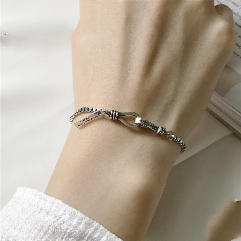 

A00958 Punk 100% 925 Sterling Silver Minimalist Square Letter Box Chain Button Charm Bracelet for Women Hip Hop Jewelry