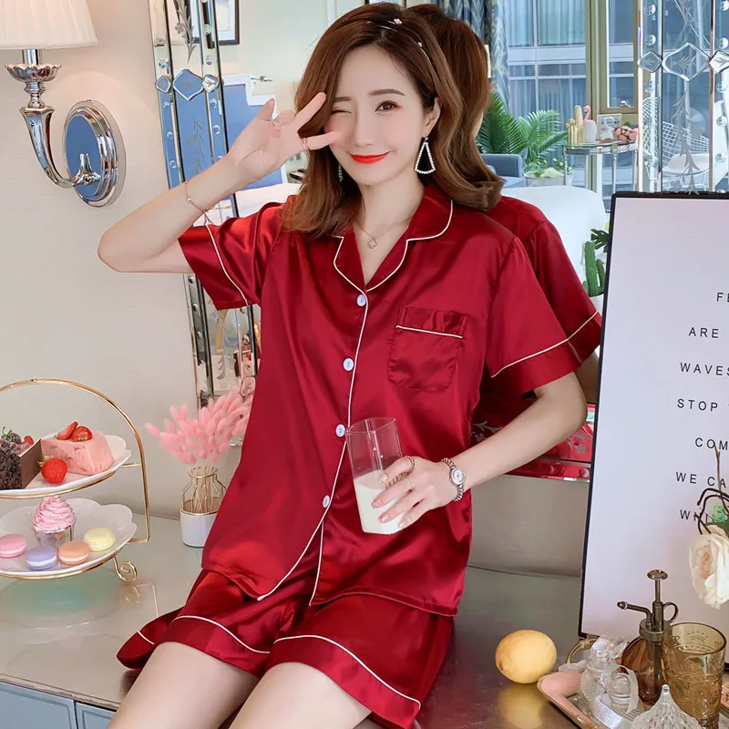 

Home Service 2-piece Set Women Sets 2021 Women's Pajamas Summer Silk-pajamas Kaiva Lapel Cardigan Short Sleeve Shorts Sleepwear