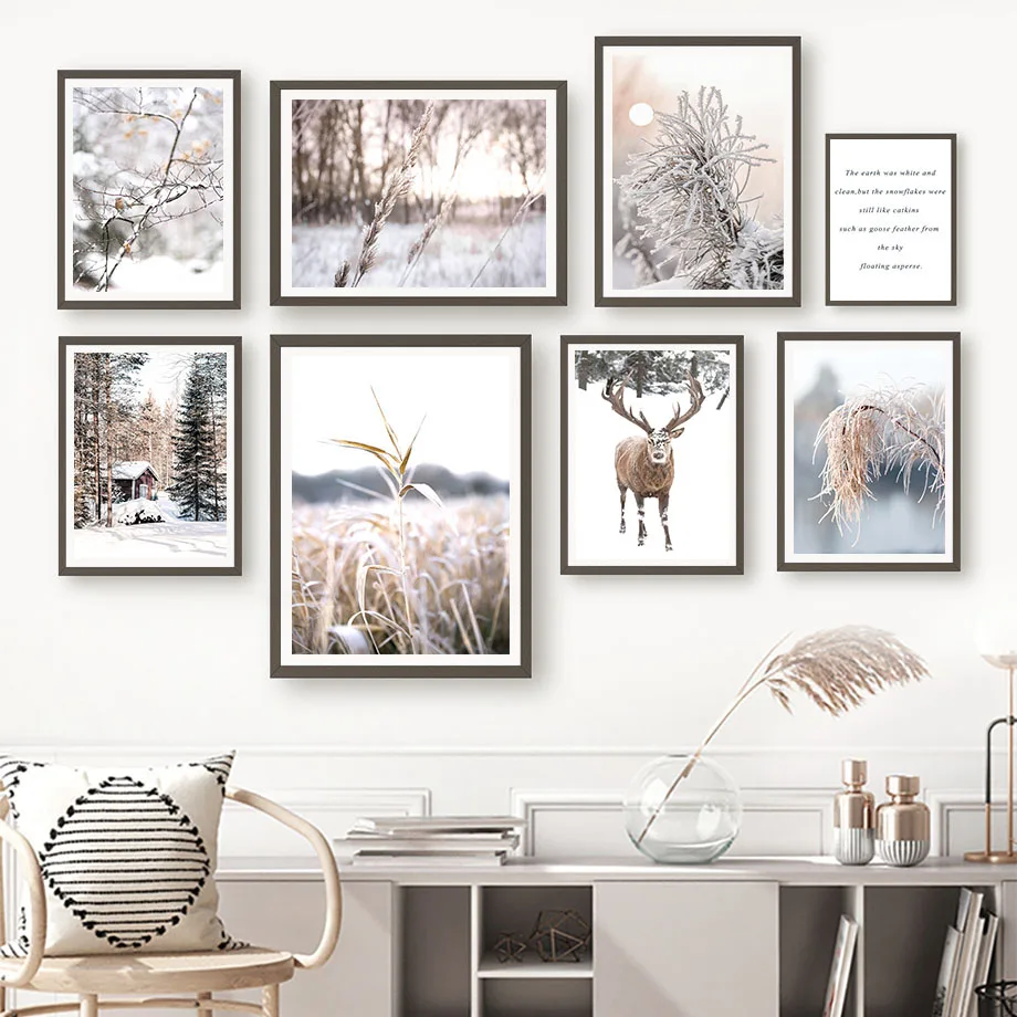 

Reindeer Bird Reed Winter Nature Wall Art Canvas Painting Nordic Forest Snow Landscape Poster Pictures for Living Room Home