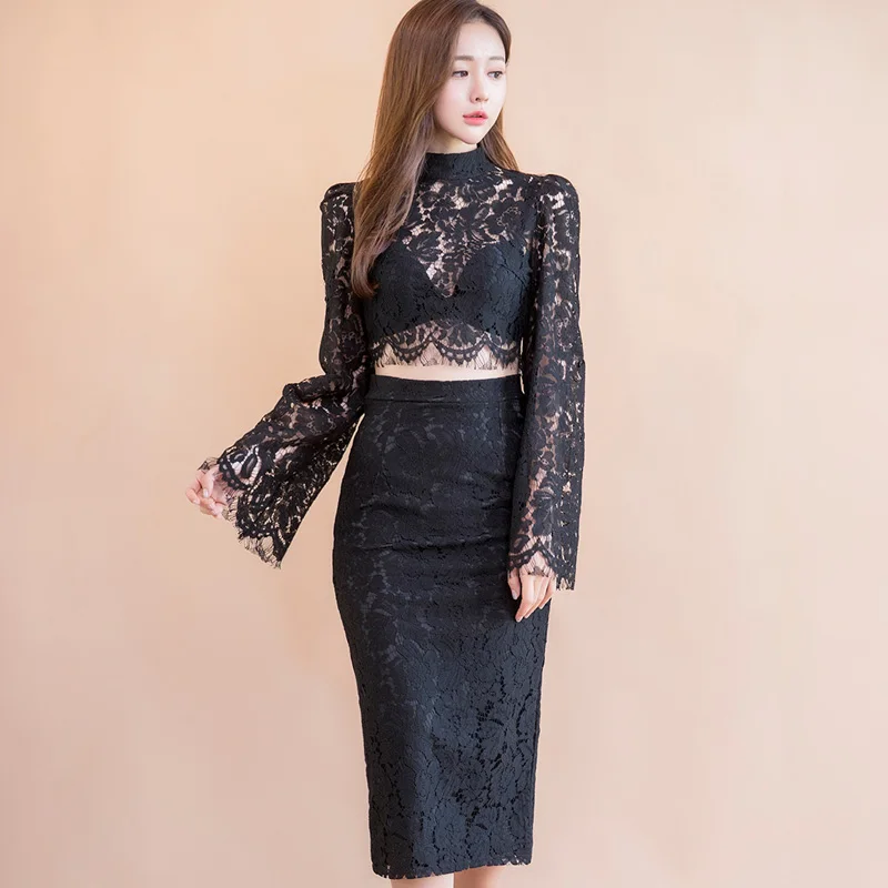

2 piece sets women lace suits Korean flare sleeve sexy blouse top + high waist midi package hip skirt sets outfits TA7853