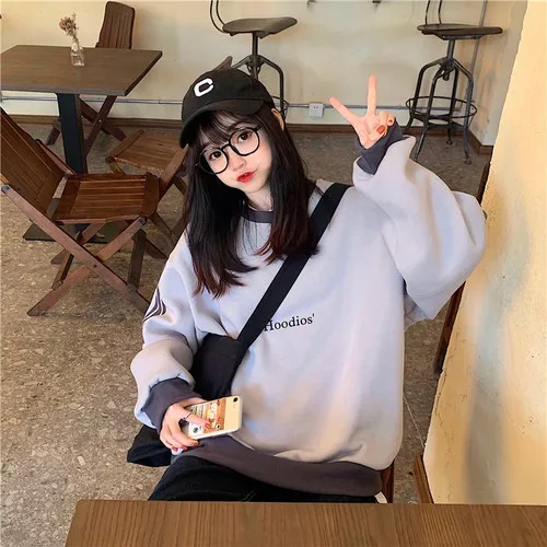 Velvet Casual Letter Pinted Striped O-neck Patckwork Halajuku Simple Winter Warm Female Women Long Sleeve Sweatshirts | Женская одежда