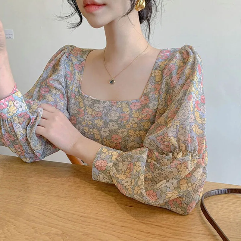 

Square Neck Top Floral Blouse Chiffon Lantern Long Sleeve Blusas Elegante Mujer De Moda 2020 Korean Fashion Clothing Vintage