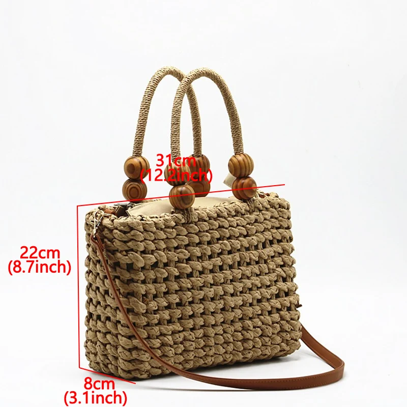 

Wooden Bead Handle Straw Handbag Women Shoulder Bag Bohemia Straw Woven Hand Bags For Women Large Capacity Straw's Women's Bag