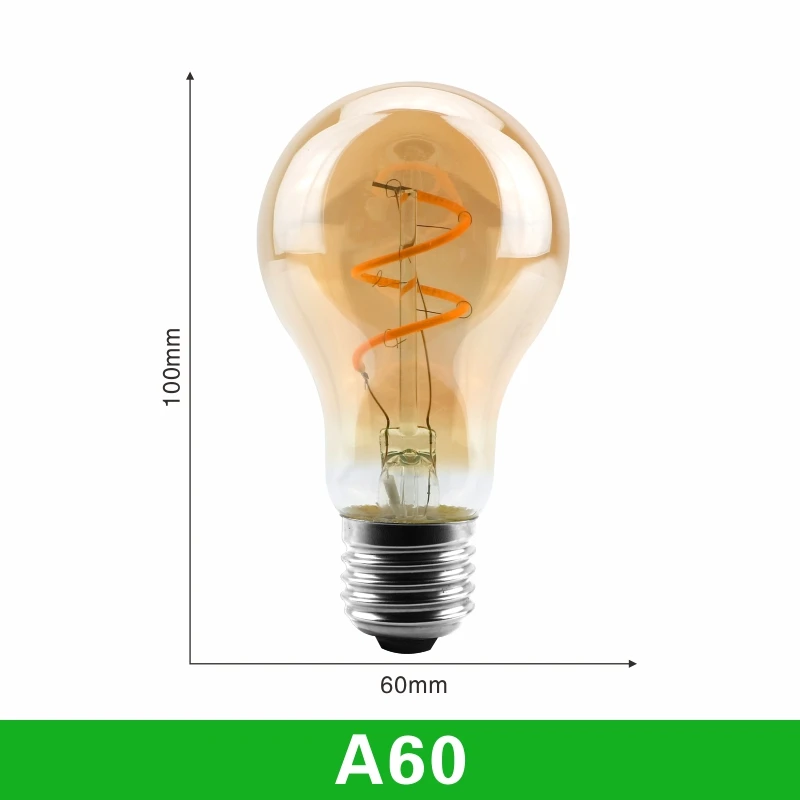 T45 ST64 G80 G95 G125 T225 Spiral Light LED Filament Bulb 4W 2200K Retro Vintage Lamps Decorative Lighting Dimmable Edison Lamp - Испускаемый цвет: A60
