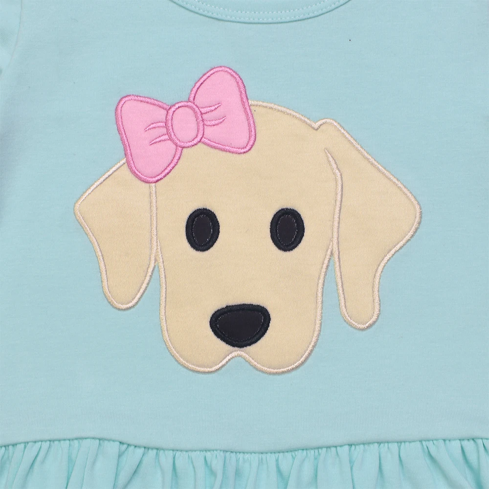 Ropa de oto&ntilde;o para ni&ntilde;as, Top de manga larga azul y pantalones a rayas rosas, con lazo rosa, bordado con cabeza de perro, trajes para ni&ntilde;as-3