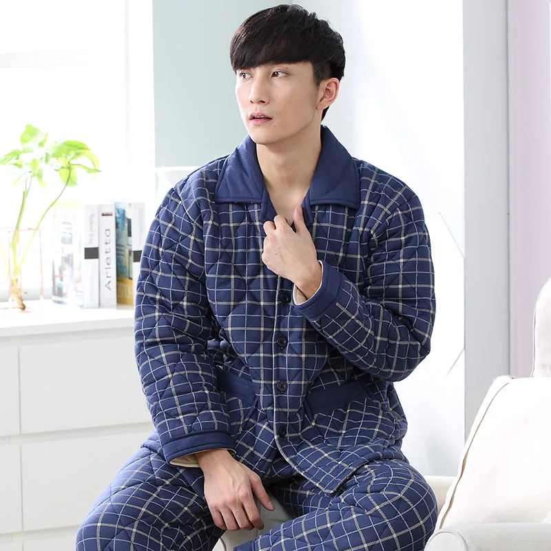 Мужской синий клетчатый пижамный комплект зимние 3 слойные стеганые пижамные