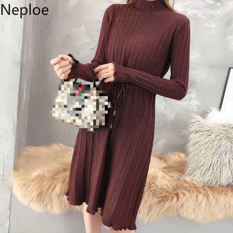 Neploe/корейское осенне зимнее стильное свободное шерстяное платье со шнуровкой и