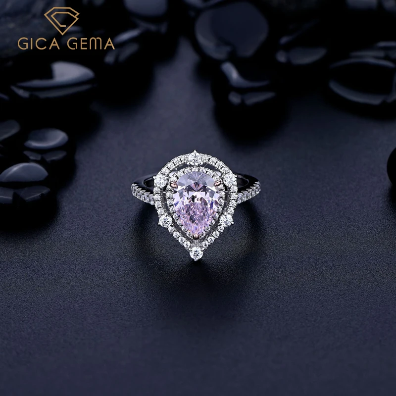 

GICA GEMA 925 Sterling Silver 7*10mm Pink Water Drop High Carbon Diamond Rings For Women Sparkling Wedding Party Fine Jewelry