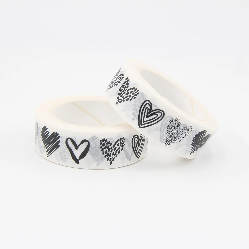 

High quality 1PC 15MM*10M Pink Black and White Heart Washi Tape Decor Scrapbooking Planner Adhesive masking tape scrapbooking