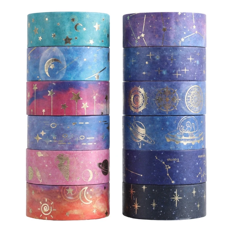 

12 Rolls/Set Cute Cartoon Washi Tapes Starry Sky Bronzing Paper Tapes for Kids