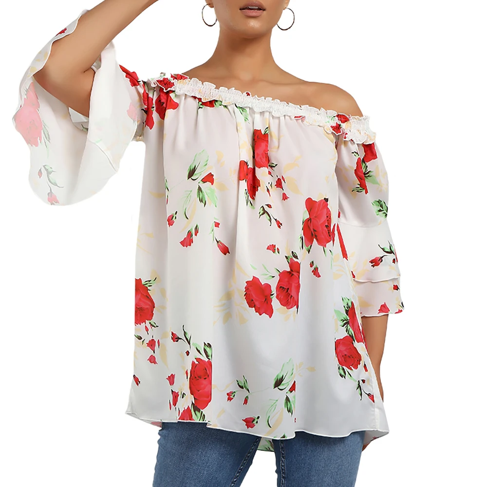 

Floral Print 3/4 Sleeve Ruffle Blouse Sexy Women Off Shoulder Slash Neck Blouses Tops Chiffon Loose Ladies Blouses and Tops D30
