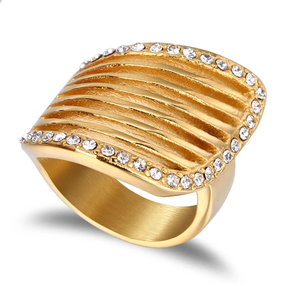 

Fashion Hiphop Geometry Square Hollow out Ring Stainless Steel Gold Color Iced Out CZ Rings For Women Party Jewelry Dropshipping