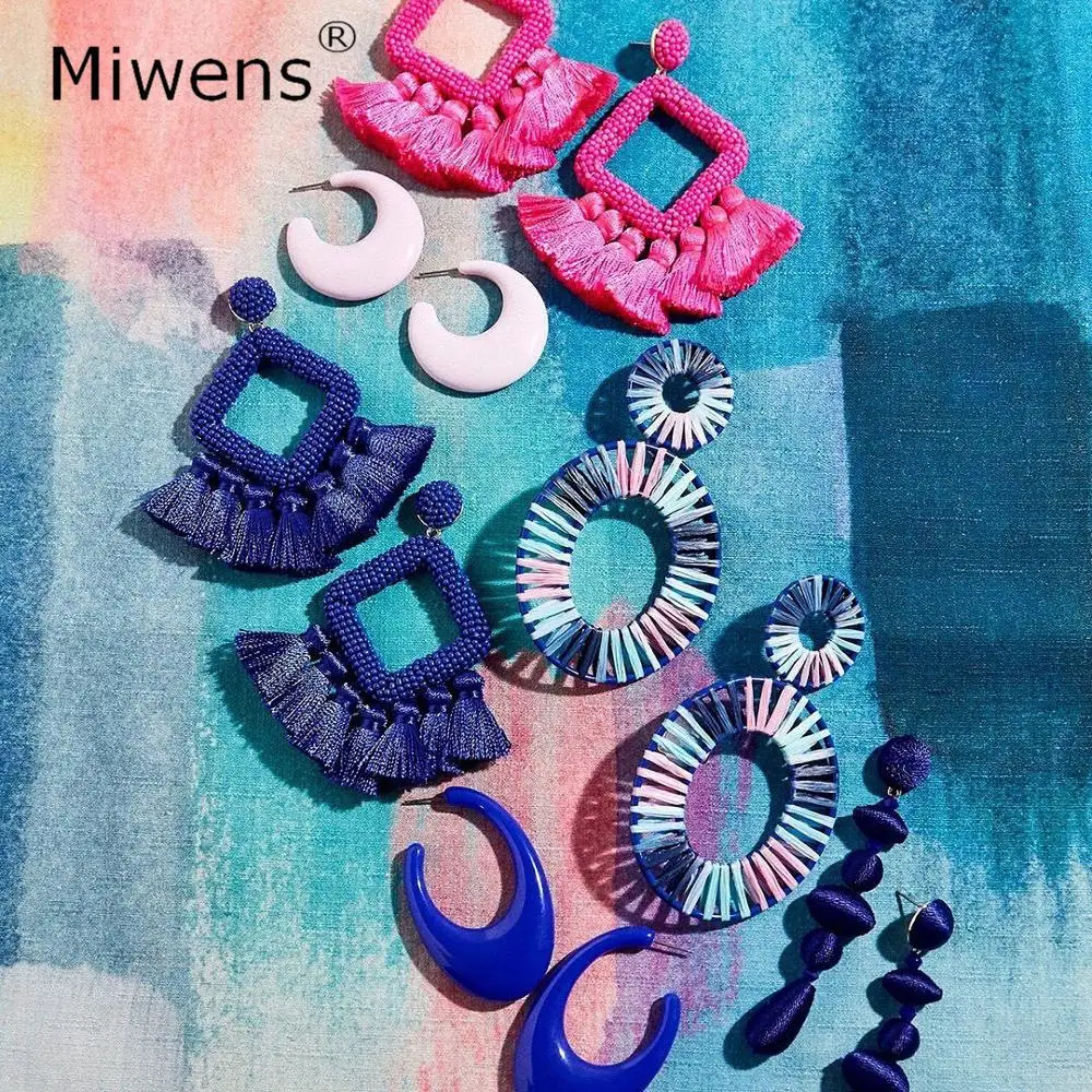 Miwens, новинка, Bauble Bar, синие Квадратные бусины, свисающие, модные женские серьги, кисточка, овальная рафия, массивные серьги-подвески ювелирные изделия