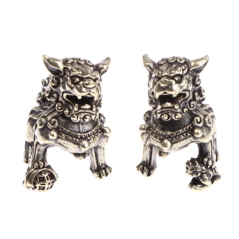 

1 Pair Copper Lucky Lion King Figurines Miniatures Desk Ornaments Antique Bronze Animals Statue Home Feng Shui Decorations