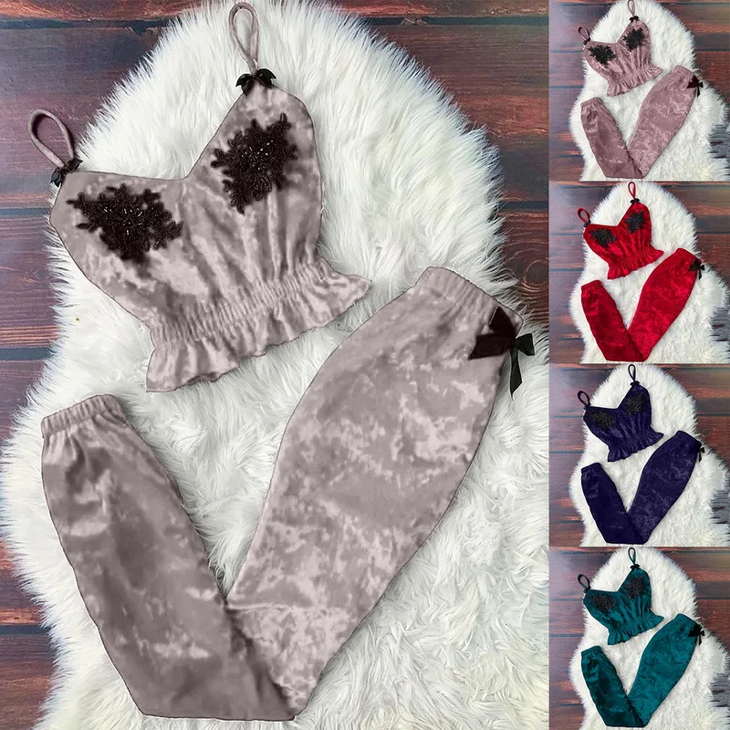 

Women Sleepwear Underwear Set Women V-Neck Eyelash Beaded Sexy Stain Camisole Pajamas Bowknot Pants Set Pyjama Femme