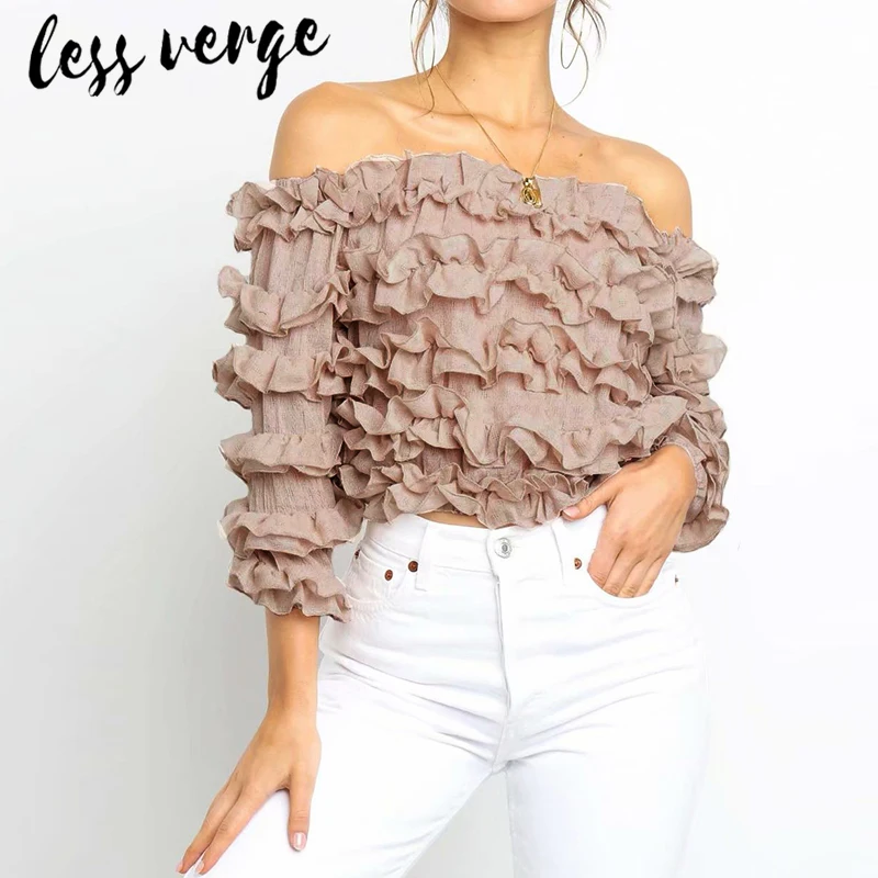 Lessverge с открытыми плечами рюшами Элегантная блузка Футболка для женщин короткий
