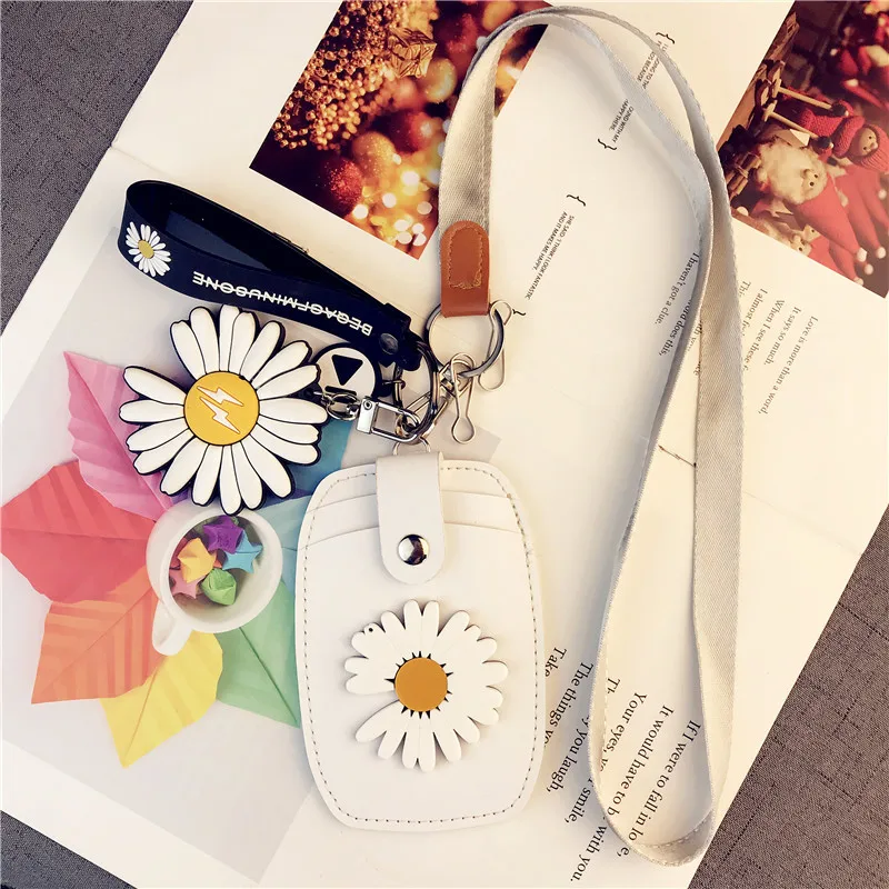 

2021 NEW Gift Cute PU Cartoon Daisy ID Card Holder Kawaii Bank Credit Card Student Bus Meal Cards Neck Rope Keychain Organizer