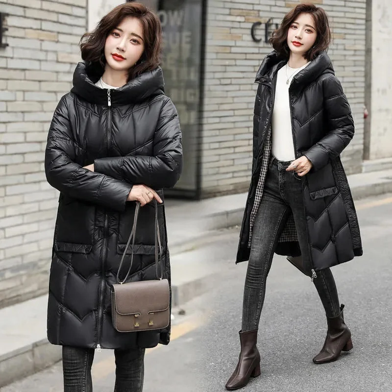Mid-Length Women Cotton-Padded Jacket Korean Version Of Slim Slimming Winter Extra-Length Lightweight Down Cotton Hooded Coat