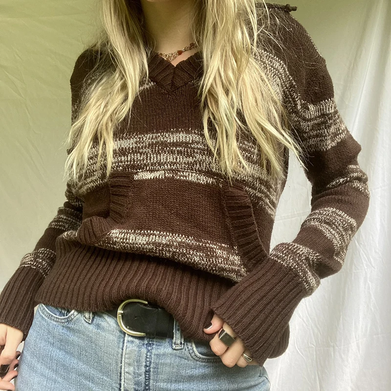 

Женский Повседневный свитер с капюшоном, полосатый трикотажный свитер с длинным рукавом и V-образным вырезом и карманами для взрослых