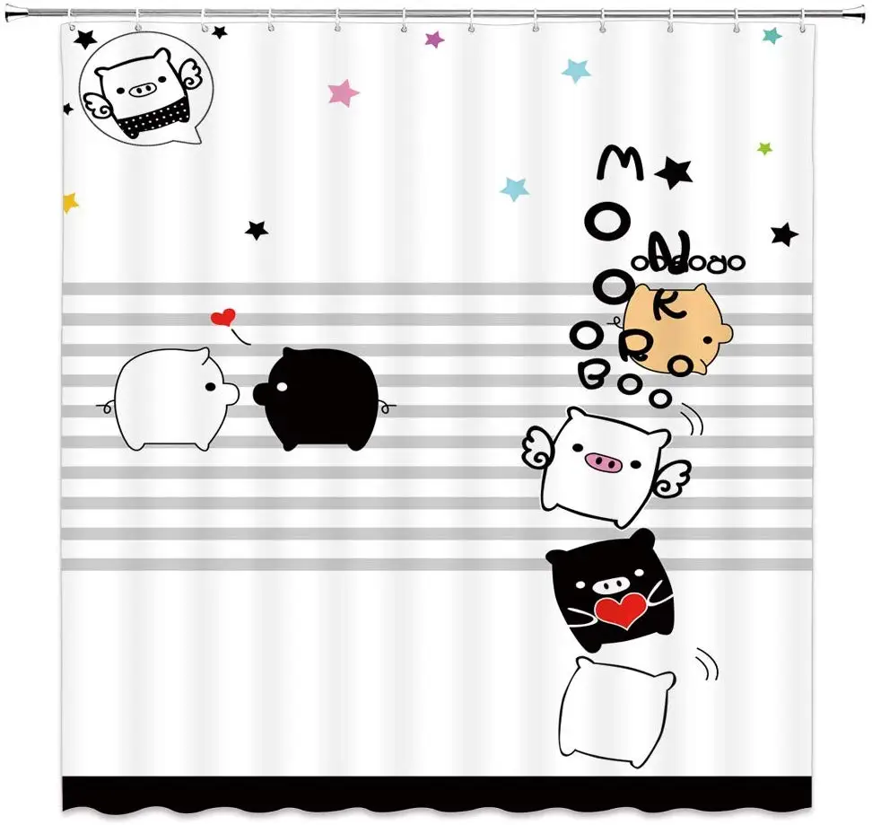 

Cute Cartoon Black And White Pig Bathroom Shower Curtain Valentine's Day Theme