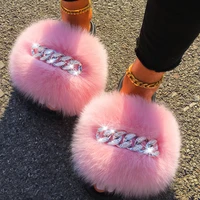real fox fur slides women fluffy slippers ladies summer diamond chain flip flops beach shoes indoor furry slippers with fur 2021