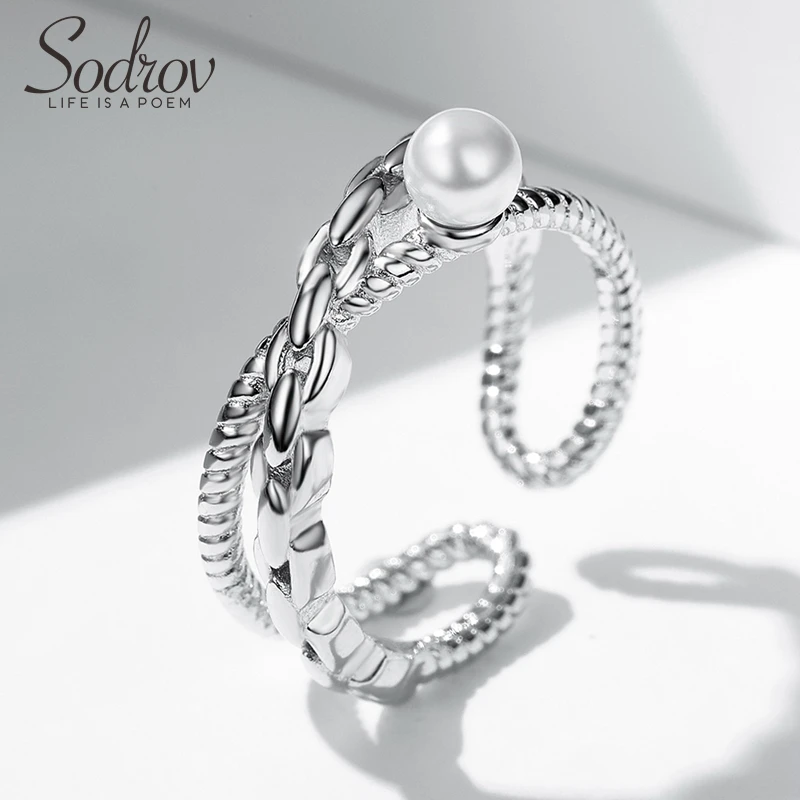 SODROV Adjustable Engagement Wedding 925 Sterling Silver Pearls Ring Jewelry For Women