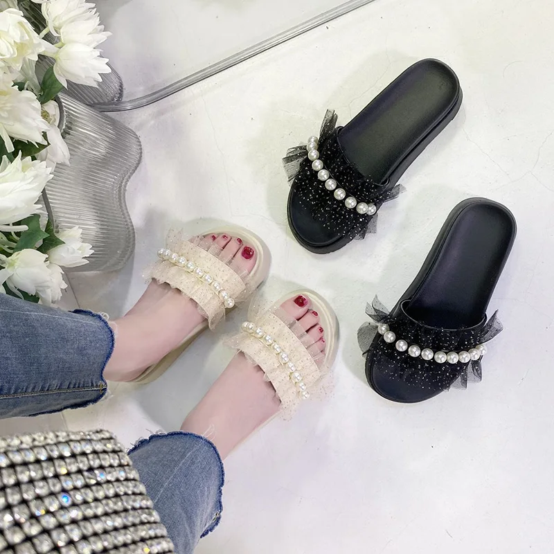 

Flat Shoes Female Slippers Women Summer String Bead Pantofle Med Slides Fashion Platform Soft 2021 Luxury Beach Casual PU