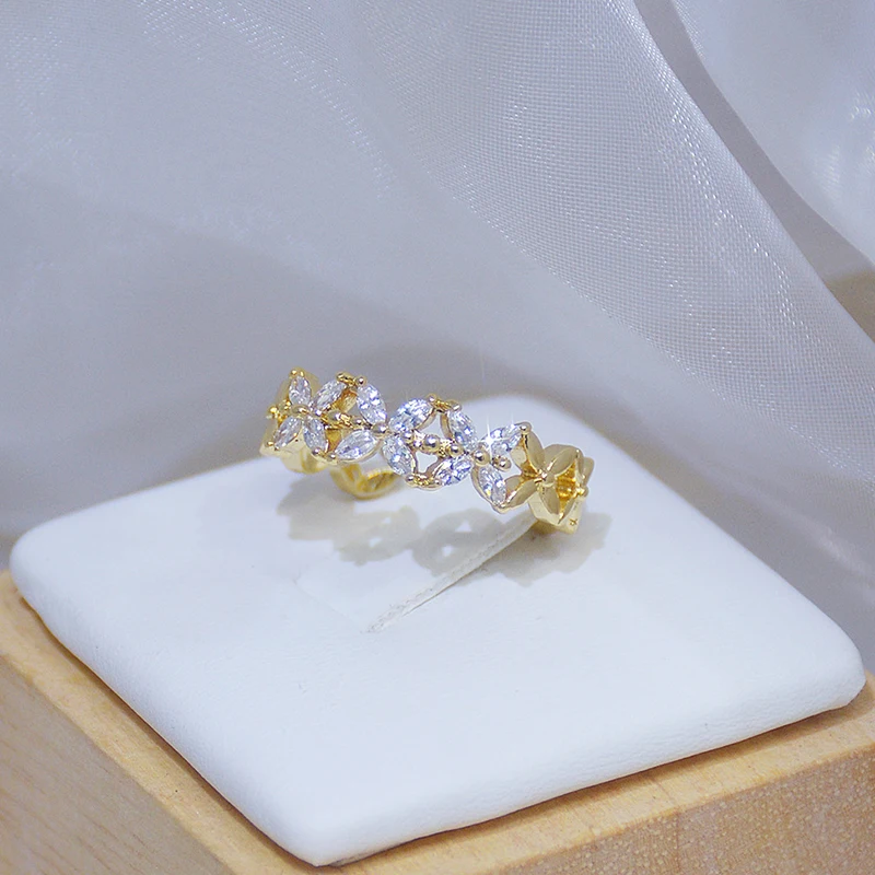 

Vintage Noble 14k Real Gold Jewelry Pentagram Flowers Rings for Women Adjustable Open Brilliant Zircon Wedding INS Hot Fine Gift