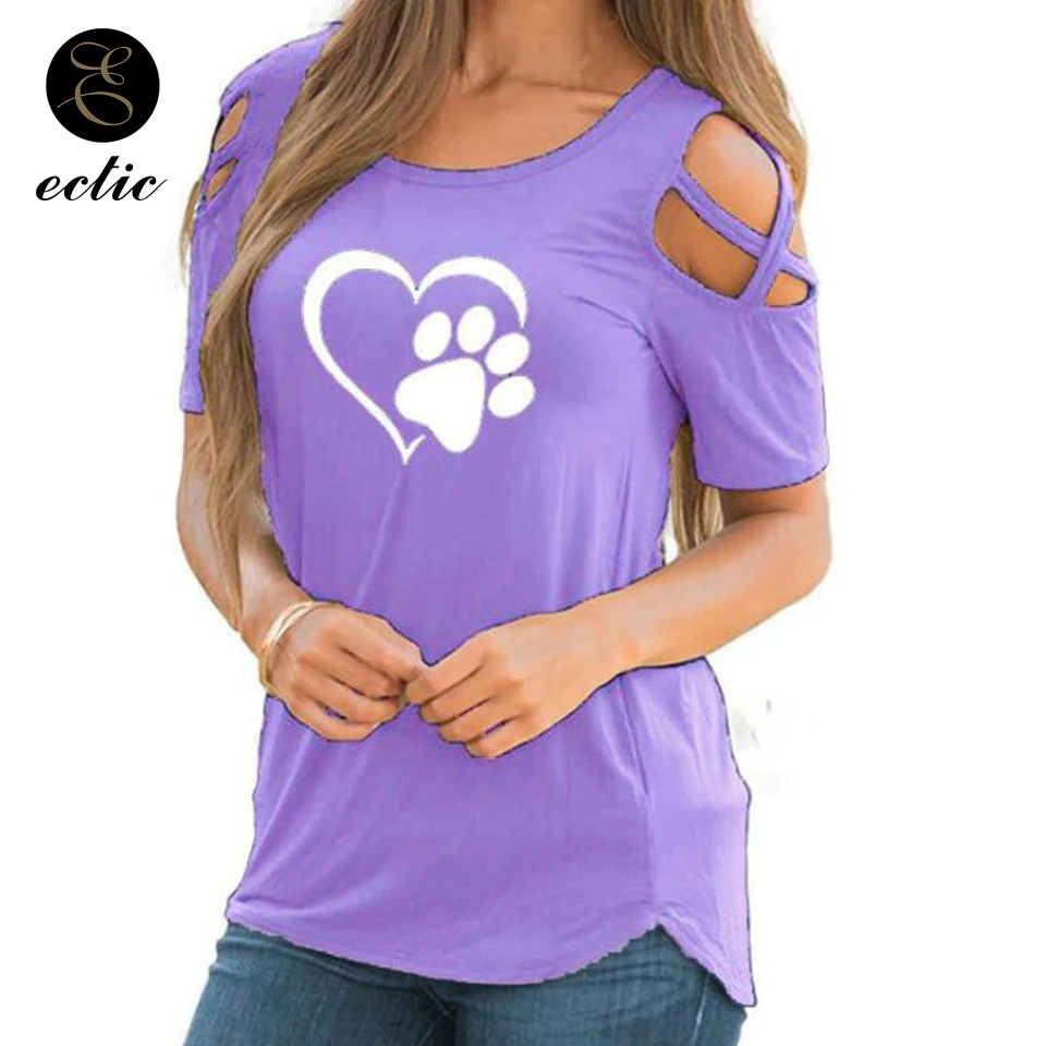 Кошка Коготь Образец Сердце Принт Футболка Открытыми Плечами С Рукавами