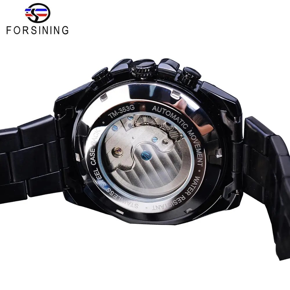 Forsining полностью черные Tourbillon механические часы мужские Moonphase Дата нержавеющая сталь Группа Автоматические наручные часы Erkek Kol Saati