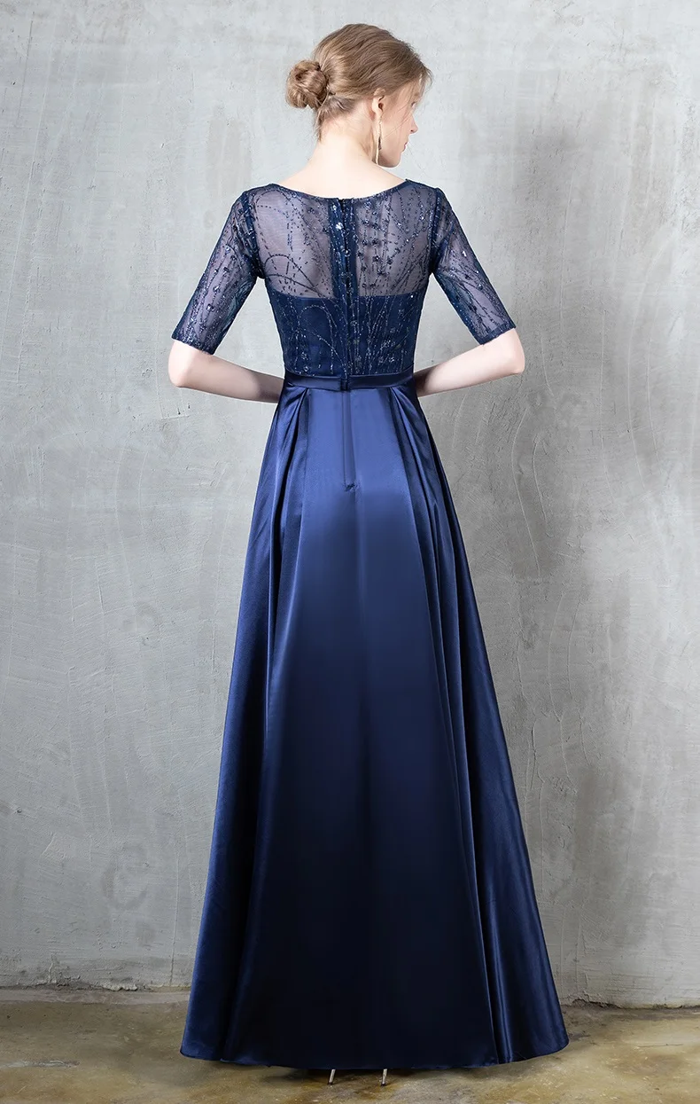 

Women's formal prom evening dress O neck half sleeve satin long wedding party dress Plus size Ceremony Bespoke Occasion Dress