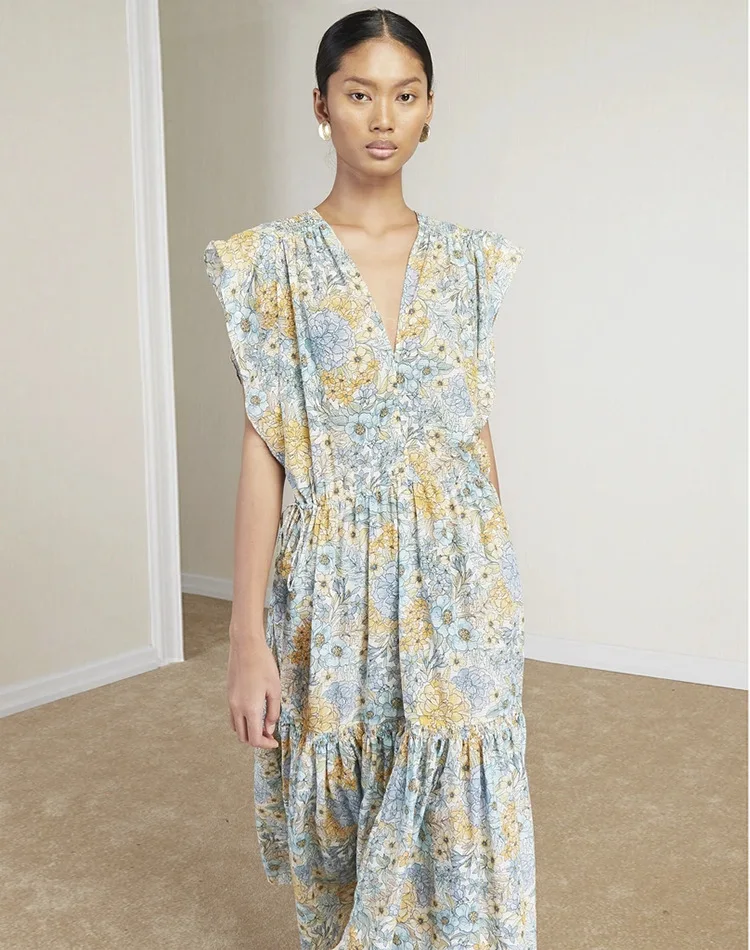 

Женское длинное платье с V-образным вырезом и коротким рукавом