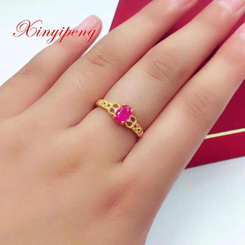 

Xin Yipeng S925 sterling silver plated yellow gold inlaid real natural ruby ring fine birthday anniversary gift for women 4*6mm