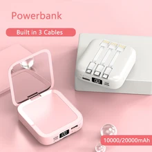 20000mAh Mini Power Bank With Micro USB Type C Cable Portable Charger Makeup Mirror Powerbank External Battery Pack Power Bank