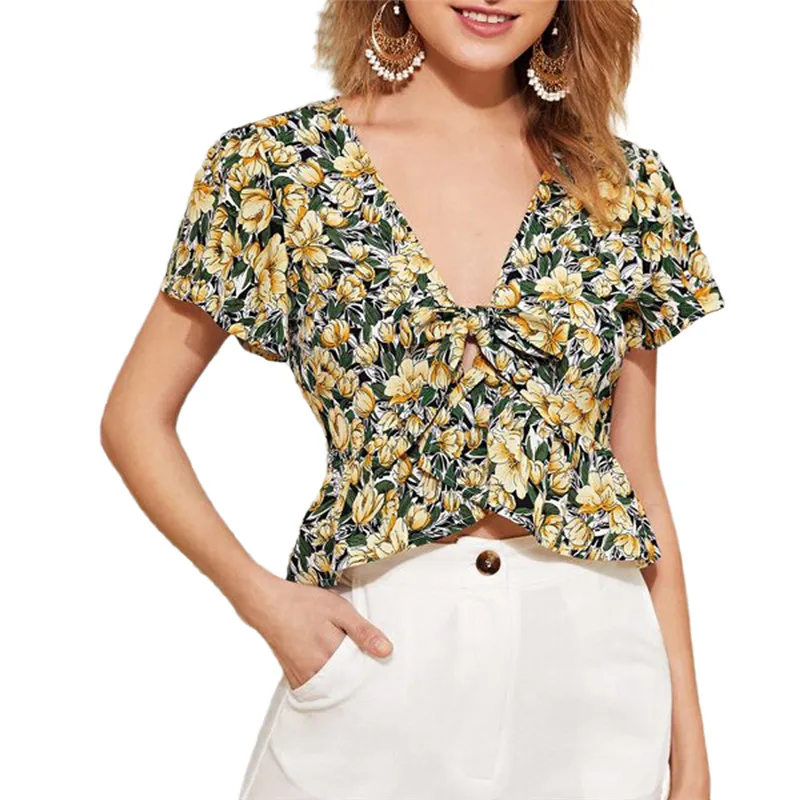 

Summer Womens Chiffon Sexy Deep V-Neck Blouse Tops Hollow Out Floral Crop Tops Fashion Lady Streetwear Short Sleeve Shirt Tops